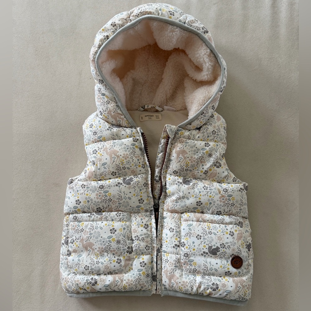 Mango Kids Floral Hooded Vest - Cream and Gray